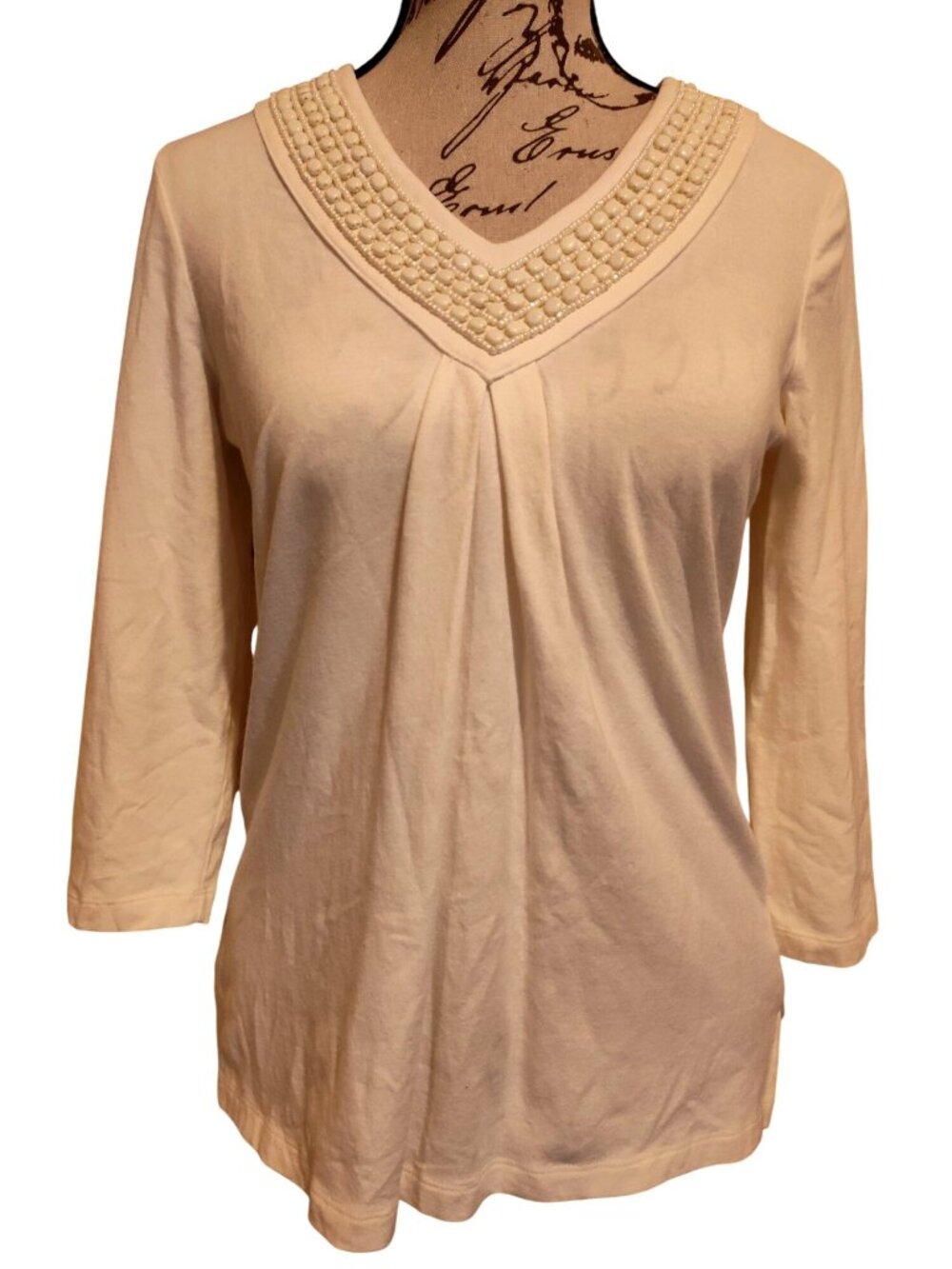 Talbots Ivory Embellished V-Neck 3/4 Sleeve Top Petites S Modal Blend